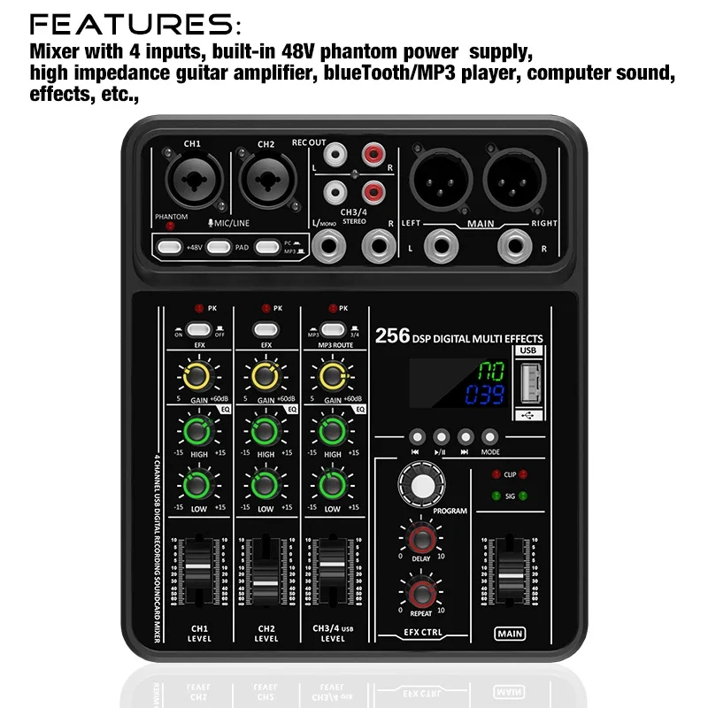 Audio Mixer 4 Channel - Mixer Antarmuka Audio dengan Bluetooth USB